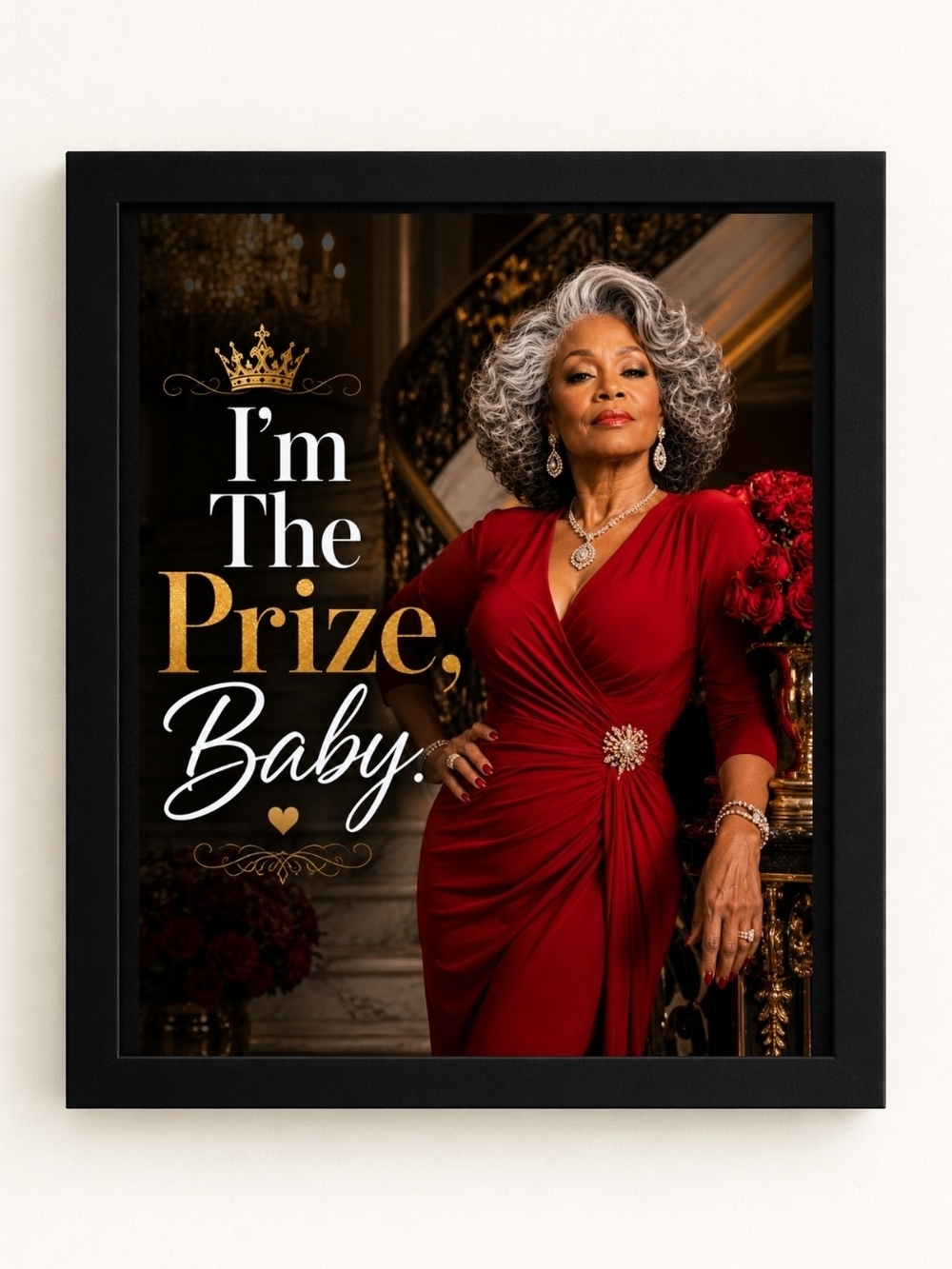 Elegant Red Statement A.I.Art Print - "I'm The Prize, Baby" 8x10 Frame